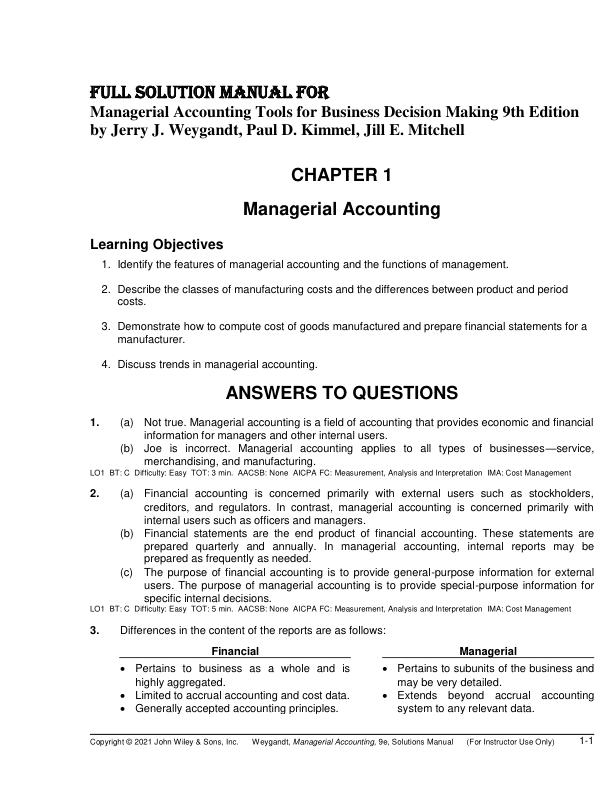 Solution Manual For Managerial Accounting Tools for Business Decision Making 9th Edition by Jerry J. Weygandt, Paul D. Kimmel, Jill E. Mitchell