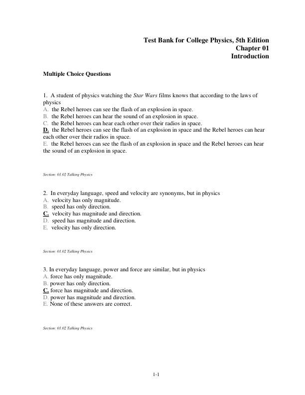 Test Bank for College Physics, 5th Edition
