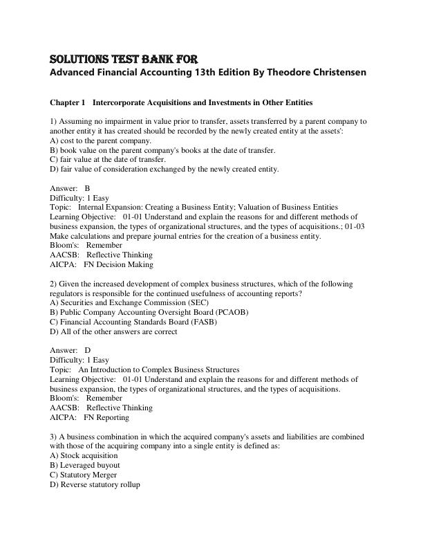 Test Bank for Advanced Financial Accounting 13th Edition By Theodore Christensen