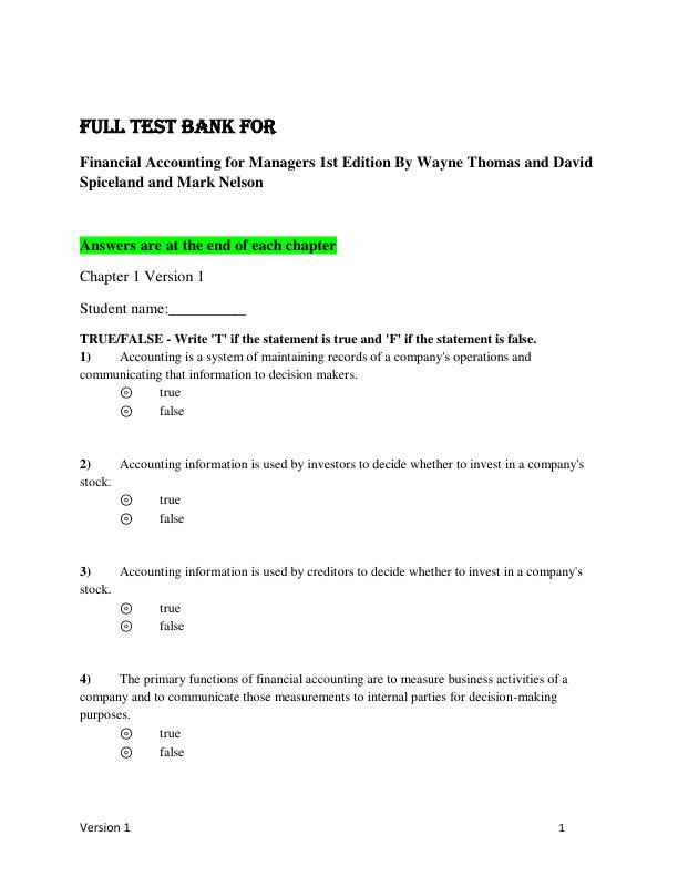 Test Bank for Financial Accounting for Managers 1st Edition By Wayne Thomas and David Spiceland and Mark Nelson