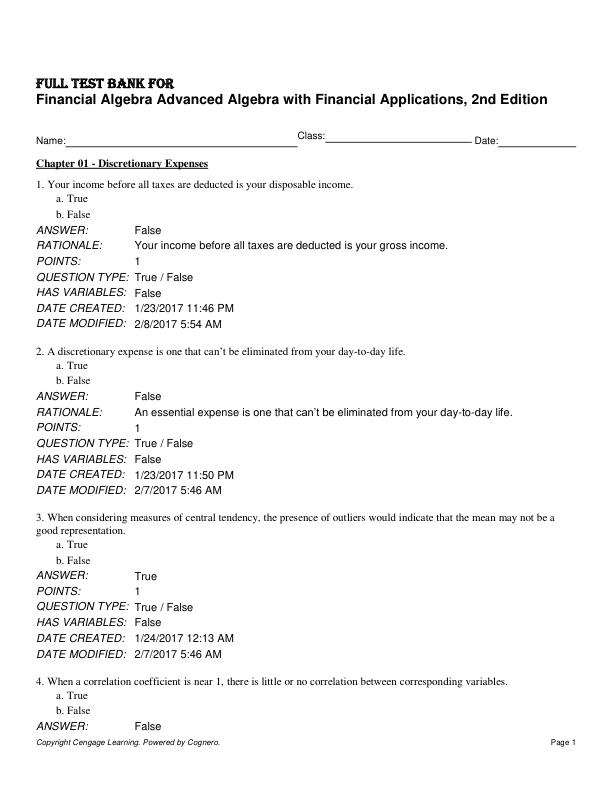 Test Bank For Financial Algebra Advanced Algebra with Financial Applications, 2nd Edition
