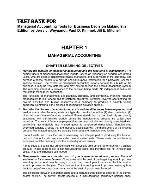 Test Bank For Managerial Accounting Tools for Business Decision Making 9th Edition by Jerry J. Weygandt, Paul D. Kimmel, Jill E. Mitchell