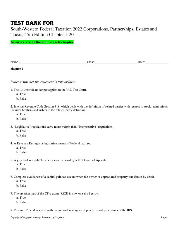 Test Bank For South-Western Federal Taxation 2022 Corporations, Partnerships, Estates and Trusts, 45th Edition by William A. Raabe, James C. Young , Annette Nellen , William H. Hoffman 