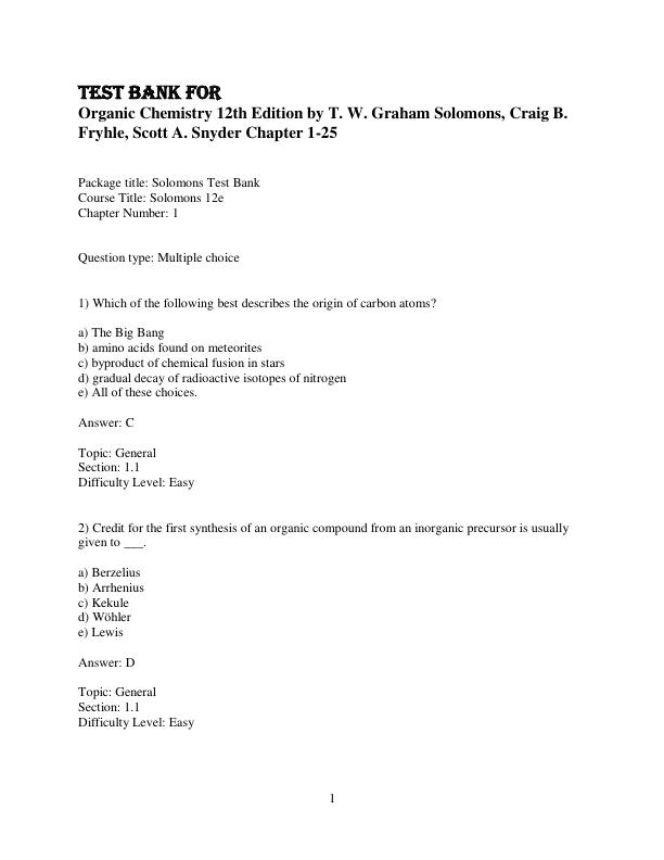 Test Bank For Organic Chemistry 12th Edition by T. W. Graham Solomons, Craig B. Fryhle, Scott A. Snyder