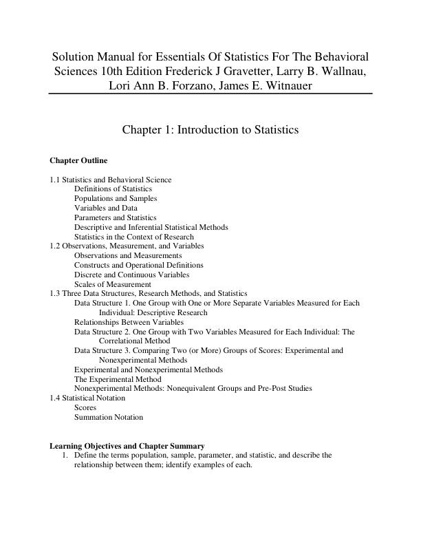 Solution Manual for Essentials Of Statistics For The Behavioral Sciences 10th Edition Frederick J Gravetter, Larry B. Wallnau, Lori Ann B. Forzano, James E. Witnauer
