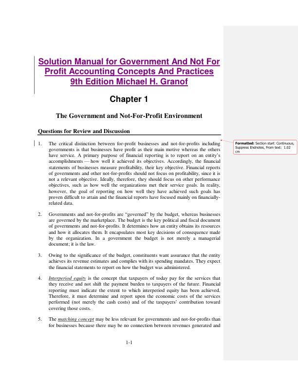 Solution Manual for Government And Not For Profit Accounting Concepts And Practices 9th Edition Michael H. Granof