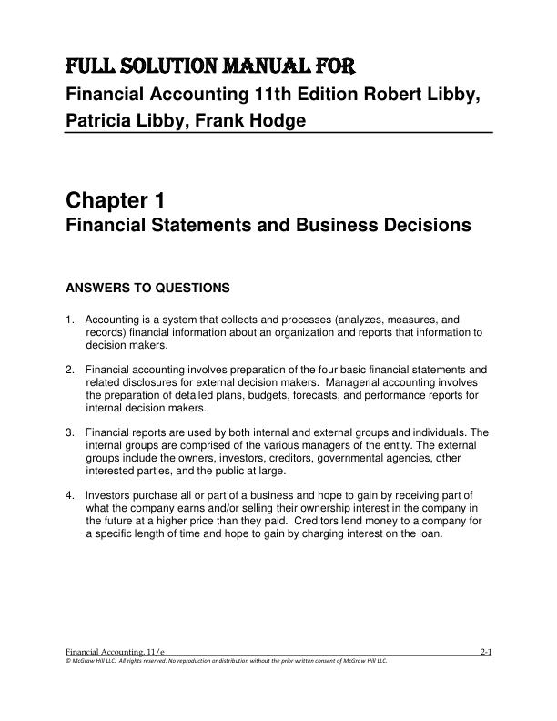 Solution Manual for Financial Accounting 11th Edition Robert Libby, Patricia Libby, Frank Hodge