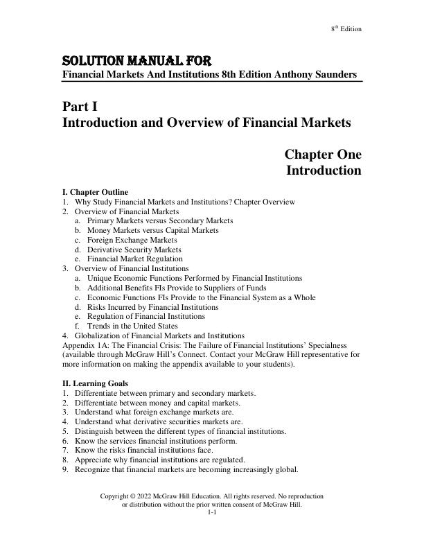 Solution Manual for Financial Markets And Institutions 8th Edition Anthony Saunders