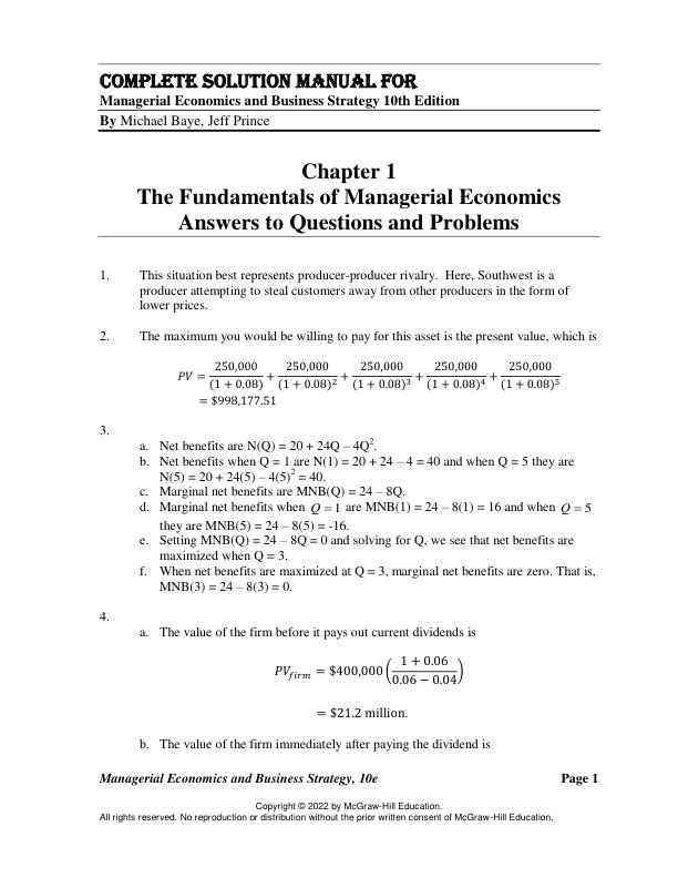 Solution Manual for Managerial Economics and Business Strategy 10th Michael Baye, Jeff Prince