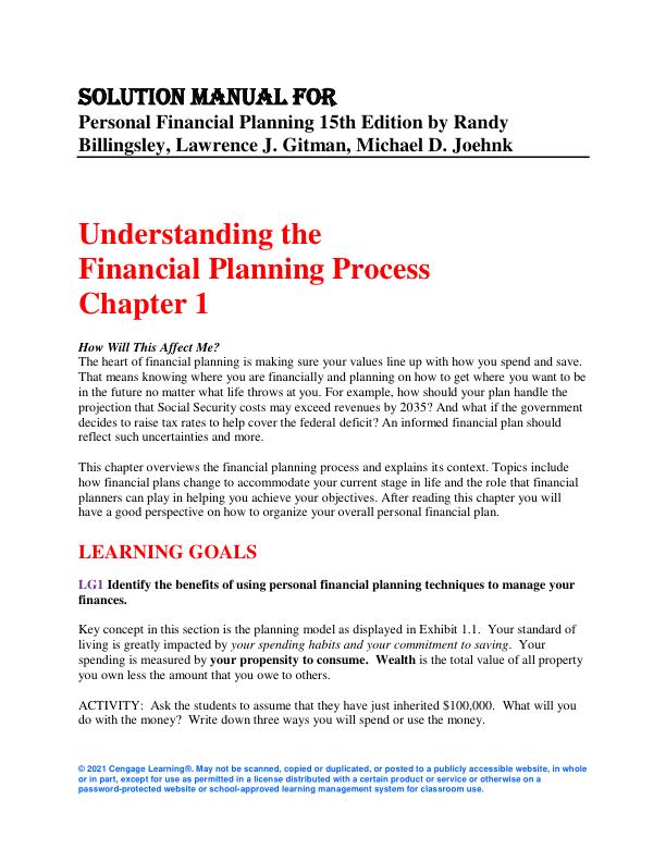 Solution Manual for Personal Financial Planning 15th Edition by Randy Billingsley, Lawrence J. Gitman, Michael D. Joehnk