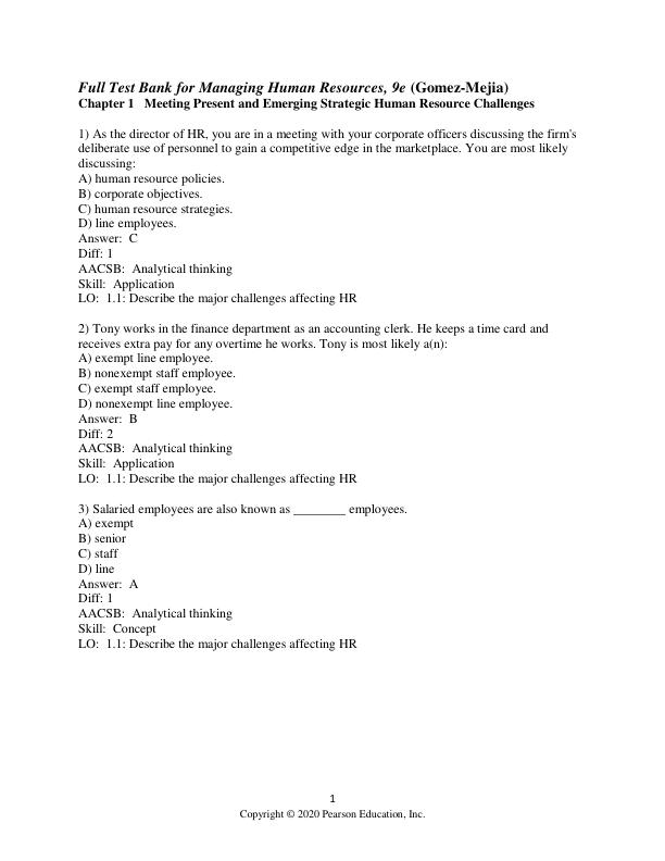 Full Test Bank for Managing Human Resources, 9th Edition (Gomez-Mejia) 