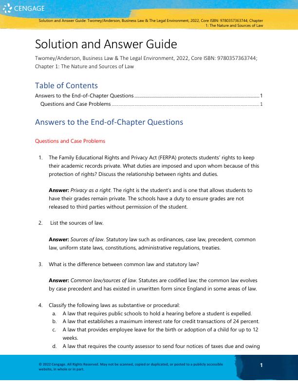 Solution and Answer Guide to Anderson's Business Law & The Legal Environment 2022 24th Edition By David P Twomey, Marianne M Jennings, Stephanie M Greene