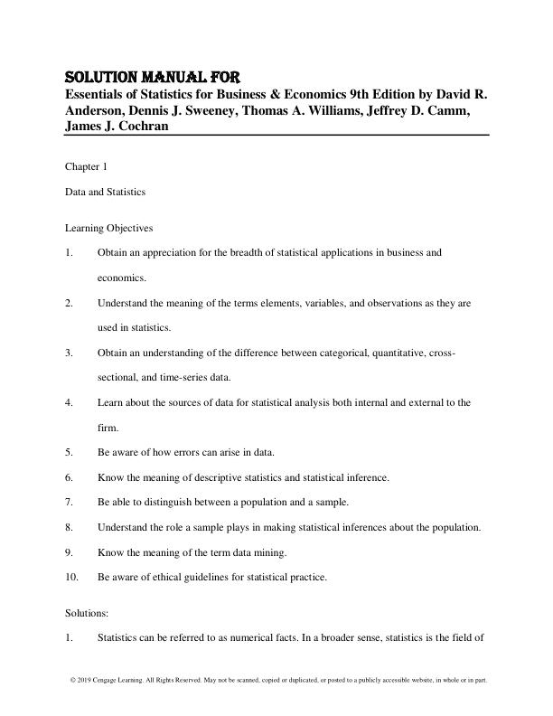 Solution Manual For Essentials of Statistics for Business & Economics 9th Edition by David R. Anderson, Dennis J. Sweeney, Thomas A. Williams, Jeffrey D. Camm, James J. Cochran