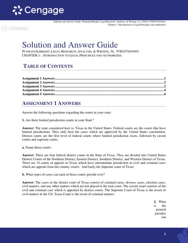 Solution Manual for Legal Research, Analysis, and Writing, 5th Edition by William H. Putman, JDJennifer R. Albright, JD, LLM