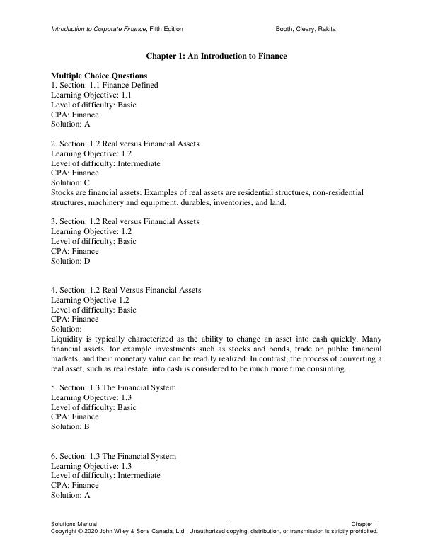 Solution Manual For Introduction to Corporate Finance 5th Edition by Laurence Booth Chapter 1-24