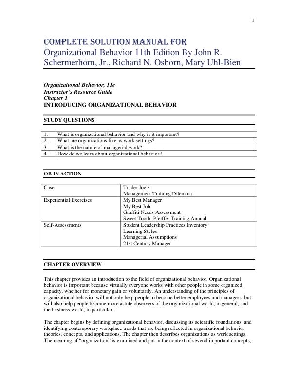 Solution Manual for Organizational Behavior 11th Edition By John R. Schermerhorn, Jr., Richard N. Osborn, Mary Uhl-Bien