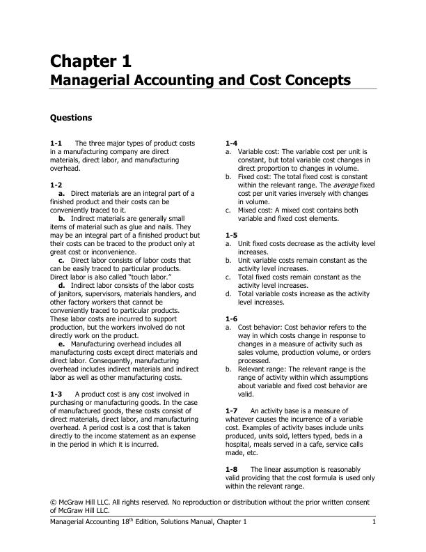Solution Manual for Managerial Accounting 18th Edition By Ray Garrison, Eric Noreen and Peter Brewer