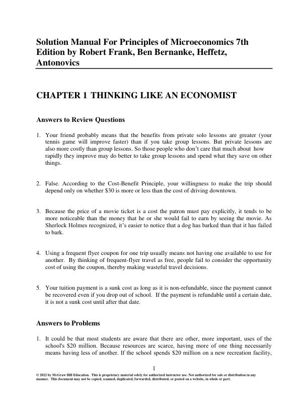Solution Manual For Principles of Microeconomics 7th Edition by Robert Frank, Ben Bernanke, Heffetz, Antonovics
