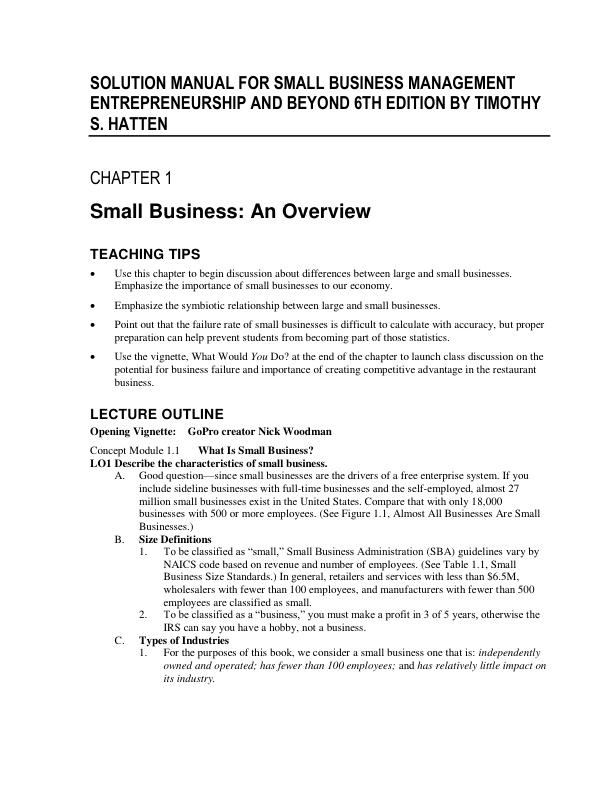 Solution Manual For Small Business Management Entrepreneurship and Beyond 6th Edition by Timothy S. Hatten