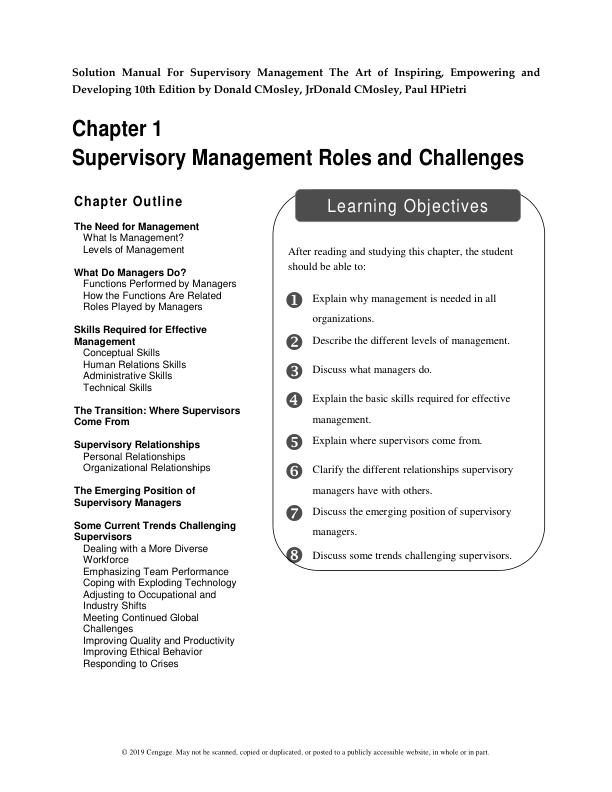Solution Manual For Supervisory Management The Art of Inspiring, Empowering and Developing 10th Edition by Donald CMosley, JrDonald CMosley, Paul HPietri
