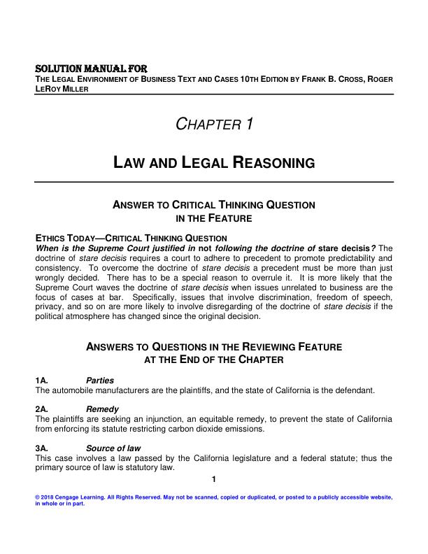 Solution Manual For The Legal Environment of Business Text and Cases 10th Edition by Frank B. Cross, Roger LeRoy
