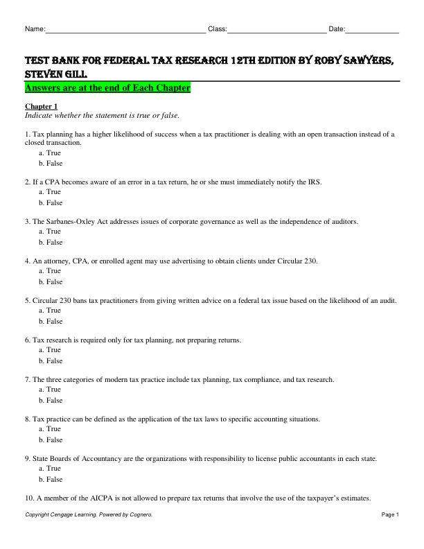 Test Bank For Federal Tax Research 12th Edition by Roby Sawyers, Steven Gill.docx