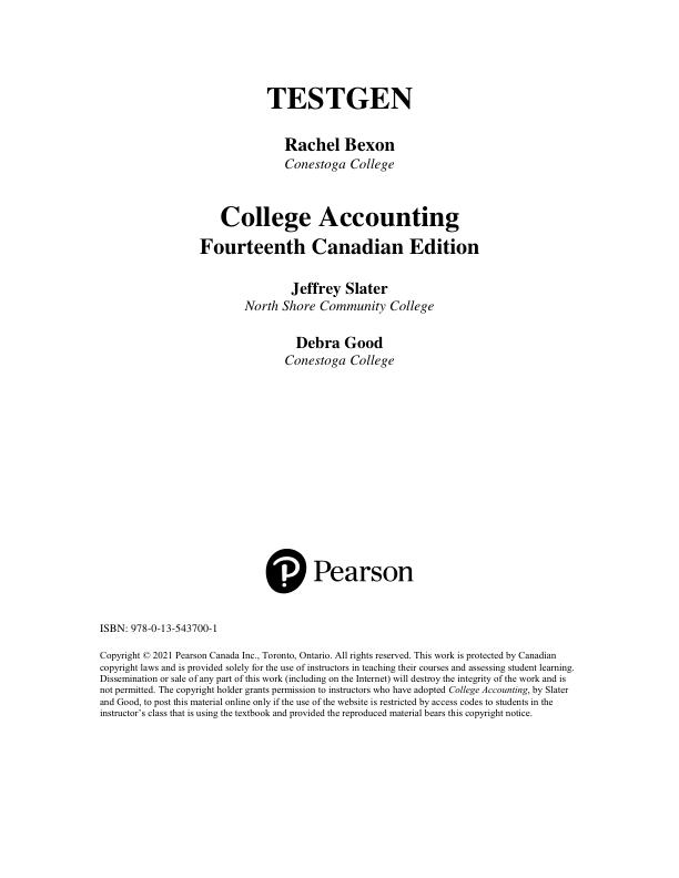 Test Bank For College Accounting A Practical Approach, Canadian Edition, 14th edition By Jeffrey Slater, Debra Good