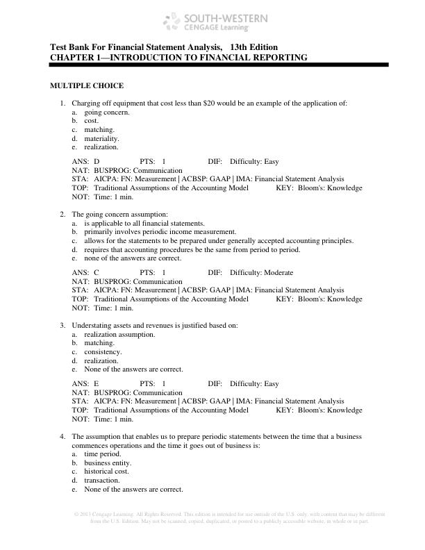 Test Bank For Financial Statement Analysis,  13th Edition By Charles H. Gibson