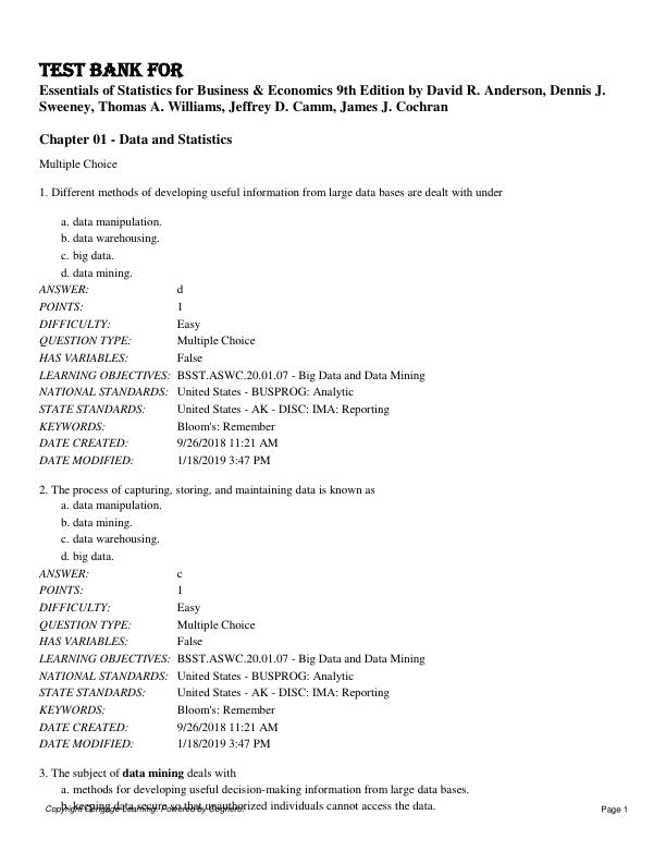 Test Bank For Essentials of Statistics for Business & Economics 9th Edition by David R. Anderson, Dennis J. Sweeney, Thomas A. Williams, Jeffrey D. Camm, James J. Cochran