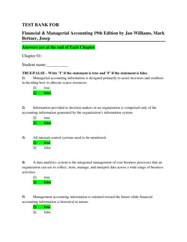 Test Bank For Financial & Managerial Accounting 19th Edition by Jan Williams, Mark Bettner, Josep
