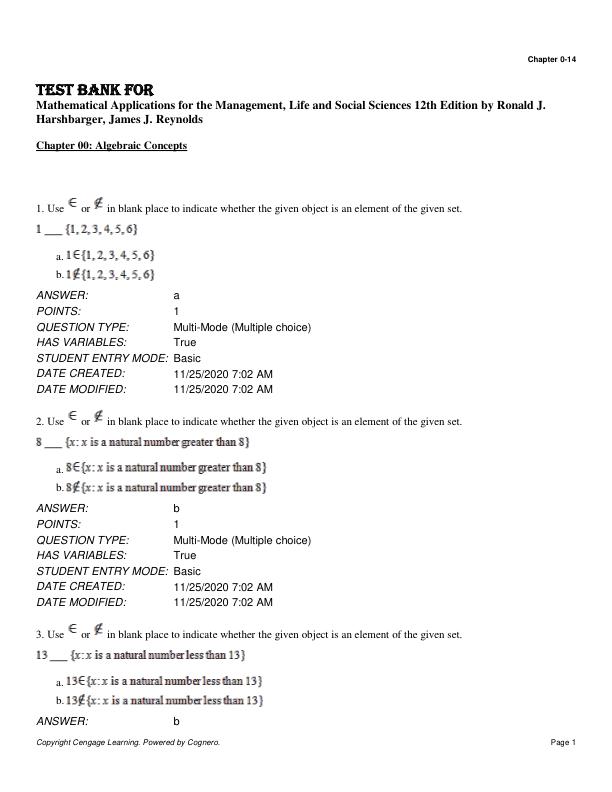 Test Bank For Mathematical Applications for the Management, Life and Social Sciences 12th Edition by Ronald J. Harshbarger, James J. Reynolds