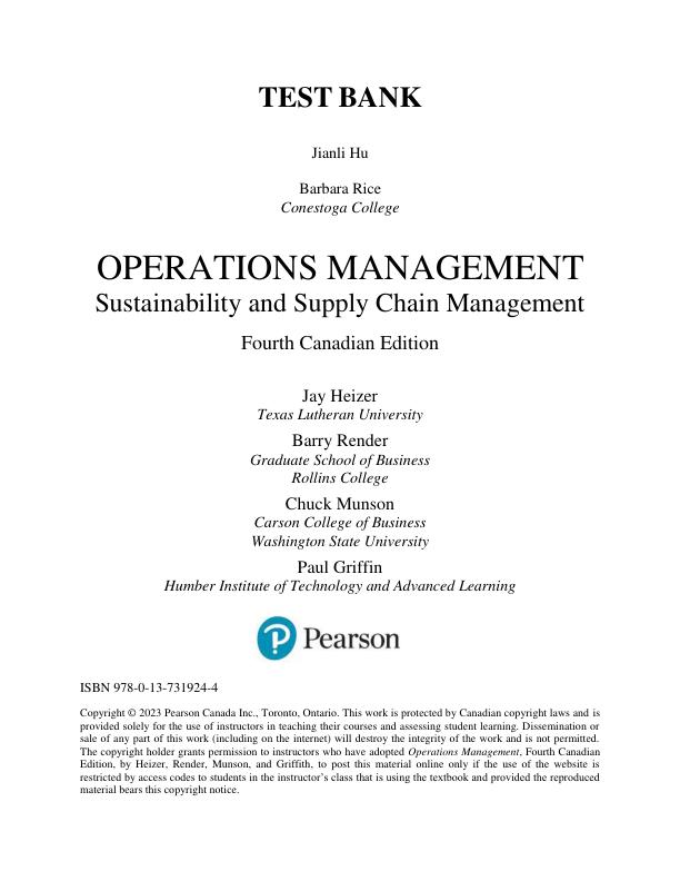 Test Bank For Operations Management Sustainability and Supply Chain Management, Canadian Edition, 4th edition Jay Heizer, Barry Render, Chuck Munson, Paul Griffin