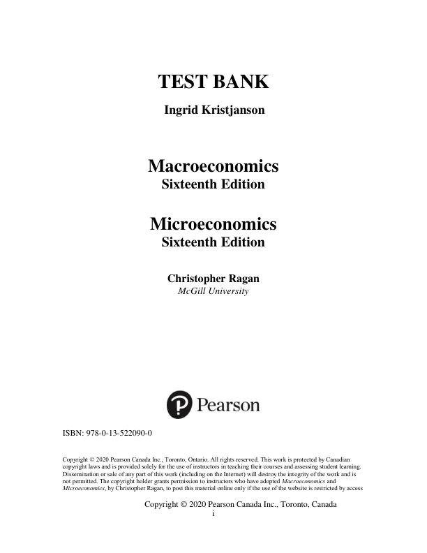 Test Bank for Microeconomics 16th Canadian Edition by Christopher T.S. Ragan