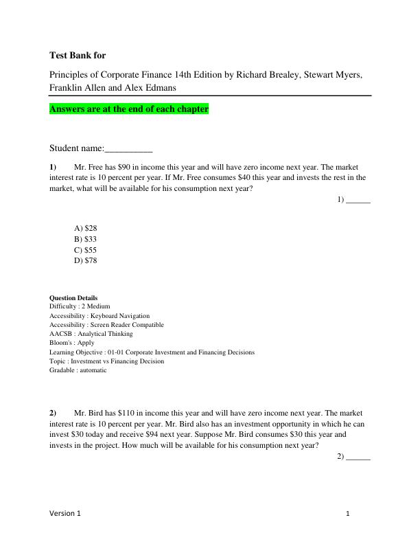 Test Bank for Principles of Corporate Finance 14th Edition by Richard Brealey, Stewart Myers, Franklin Allen and Alex Edmans