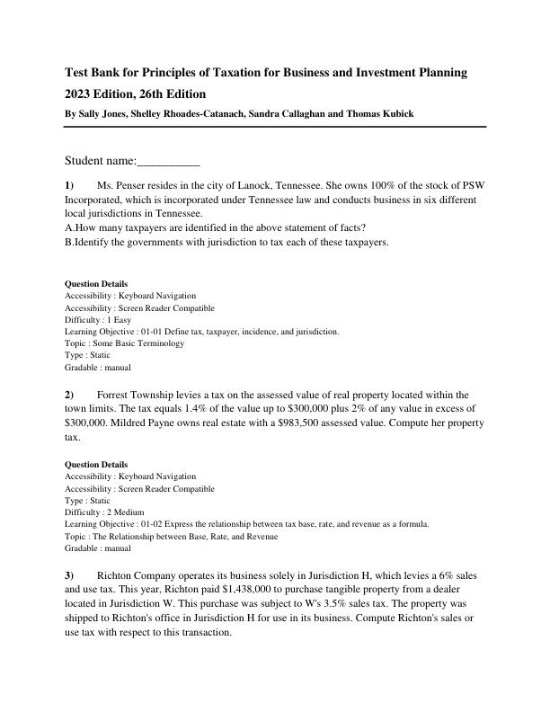 Test Bank for Principles of Taxation for Business and Investment Planning 2023 Edition, 26th Edition by Sally Jones, Shelley Rhoades-Catanach, Sandra Callaghan and Thomas Kubick