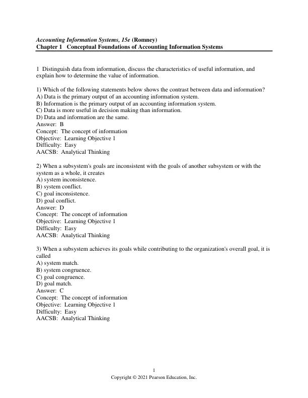 Test Bank for sm tb Accounting Information Systems 15th Edition by Marshall B Romney, Paul J. Steinbart, Scott L. Summers, David A. Wood