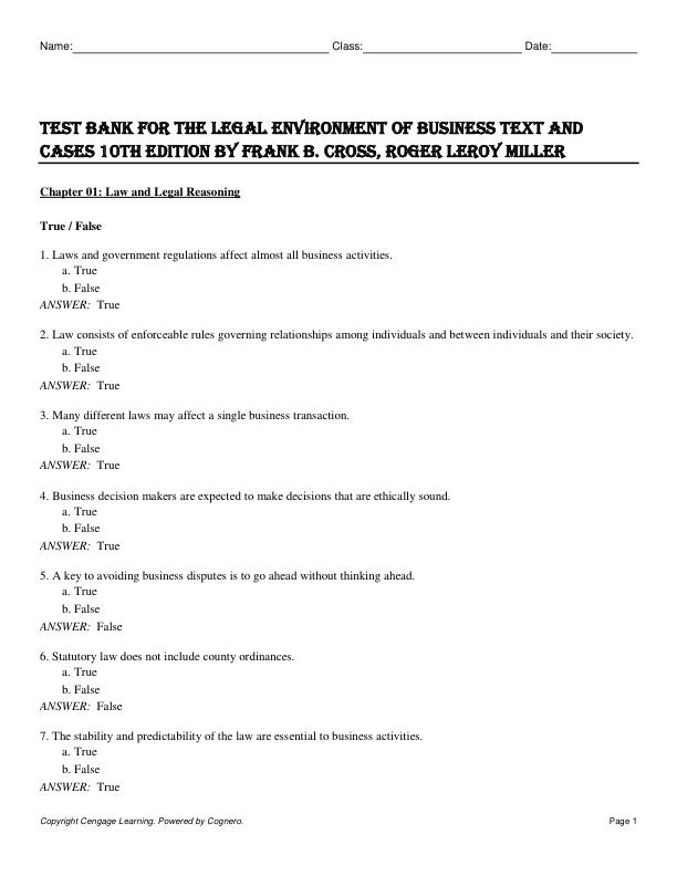 Test Bank For The Legal Environment of Business Text and Cases 10th Edition by Frank B. Cross, Roger LeRoy.pd