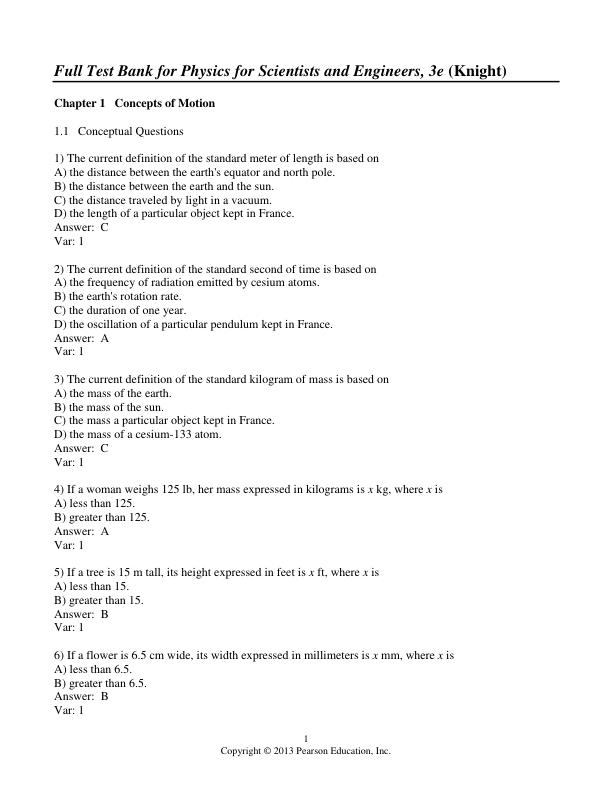 Full Test Bank for Physics for Scientists and Engineers, 3e (Knight)