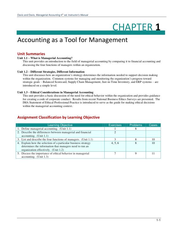 Instructor’s Manual for Managerial Accounting 4th Edition by Charles E. Davis, Elizabeth Davis