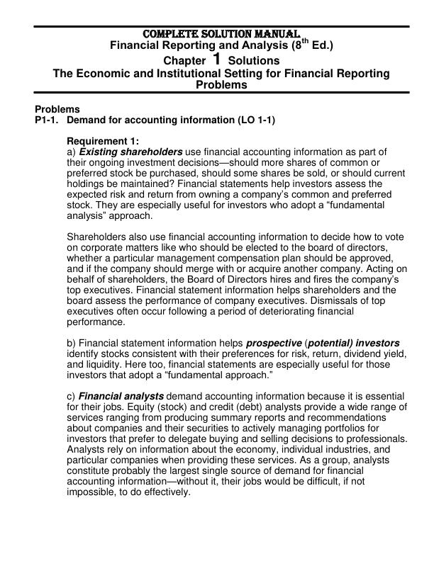 Solution Manual for Financial Reporting and Analysis 8th Edition by Lawrence Revsine, Daniel Collins, Bruce Johnson, Fred Mittelstaedt, Leonard Soffer