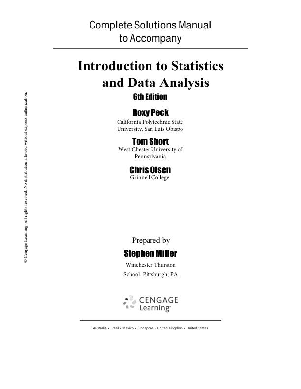 Solution Manual for Introduction to Statistics and Data Analysis 6th Edition by Roxy Peck, Chris Olsen, Tom Short