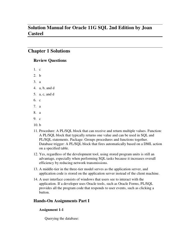 Solution Manual for Oracle 11G SQL 2nd Edition by Joan Casteel