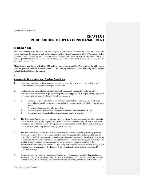 Solution Manual for Operations Management 6th Canadian Edition by William J Stevenson, Mehran Hojati, James Cao