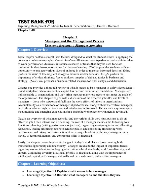 Solution Manual For Exploring Management 7th Edition by John R. Schermerhorn Jr., Daniel G. Bachrach Chapter 1-18