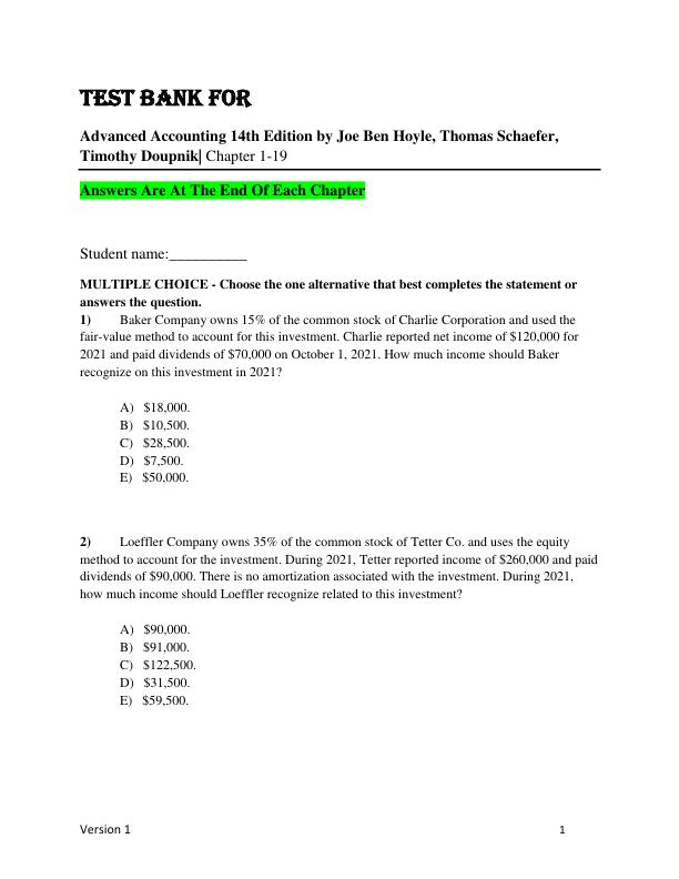 Test Bank for Advanced Accounting 14th Edition by Joe Ben Hoyle, Thomas Schaefer, Timothy Doupnik Ch 1-19