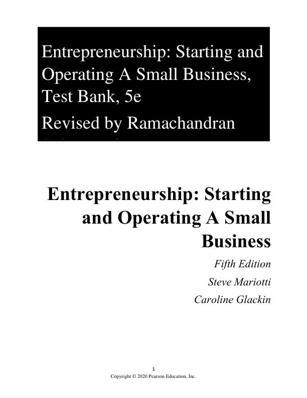 Test Bank for Entrepreneurship Starting and Operating A Small Business 5th edition by Steve Mariotti, Caroline Glackin