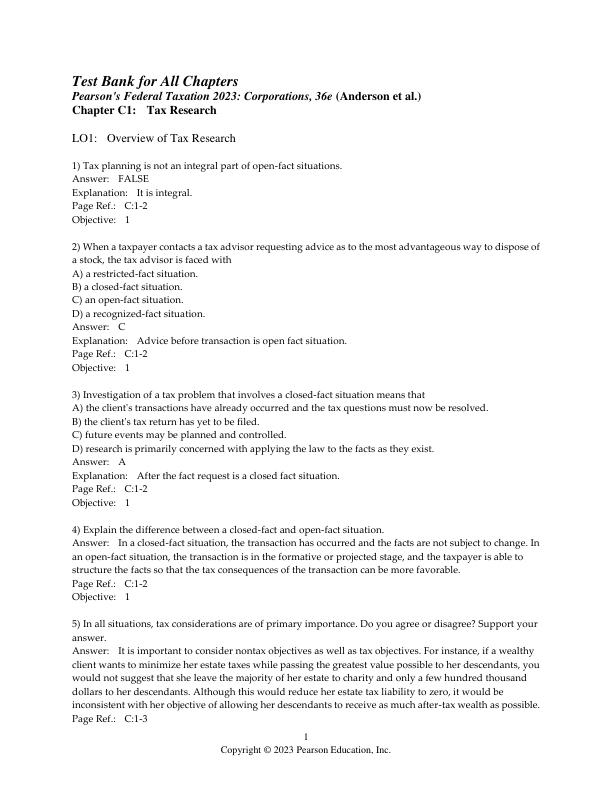 Test Bank for Federal Taxation 2023 Corporations, Partnerships, Estates & Trusts 34th Edition by Timothy J. Rupert, Kenneth E. Anderson, David S. Hulse