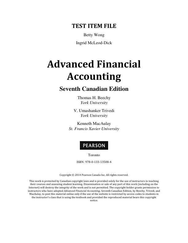 Test Bank for Advanced Financial Accounting 7th edition by Thomas Beechy, Umashanker Trivedi, Kenneth MacAulay