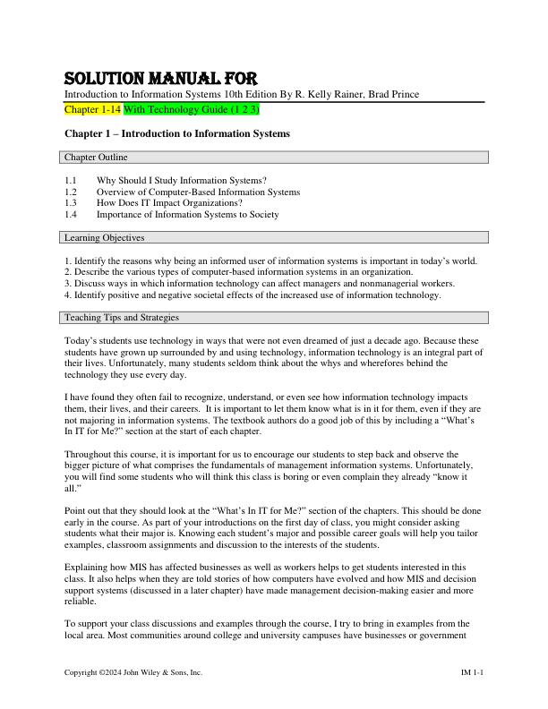 Solution Manual For Introduction to Information Systems 10th Edition By R. Kelly Rainer Brad Prince Chapter 1-14 and Technology Guide(1 2 3 4)