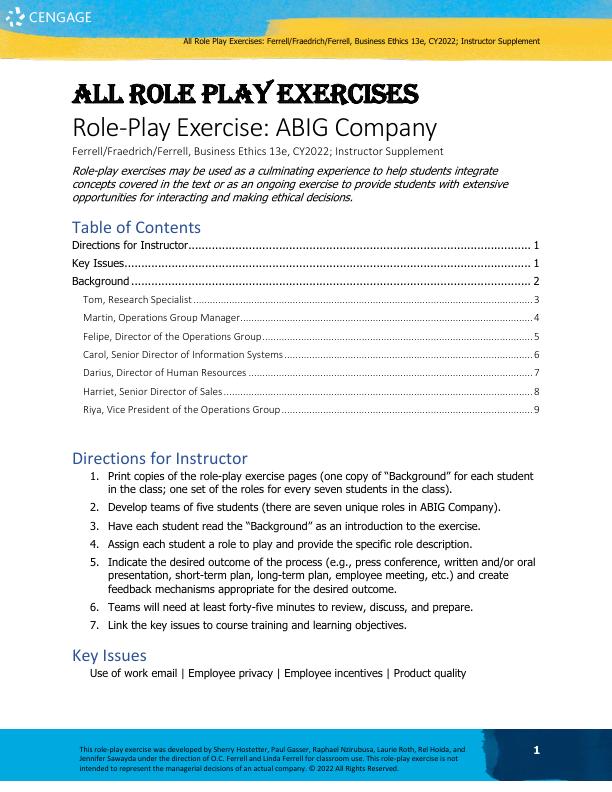 All Role Play Exercises for Business Ethics Ethical Decision Making and Cases, 13th Edition By O. C. Ferrell, John Fraedrich, Ferrell